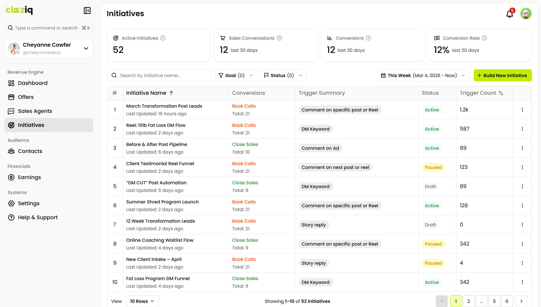 Cloziq initiative setup screen