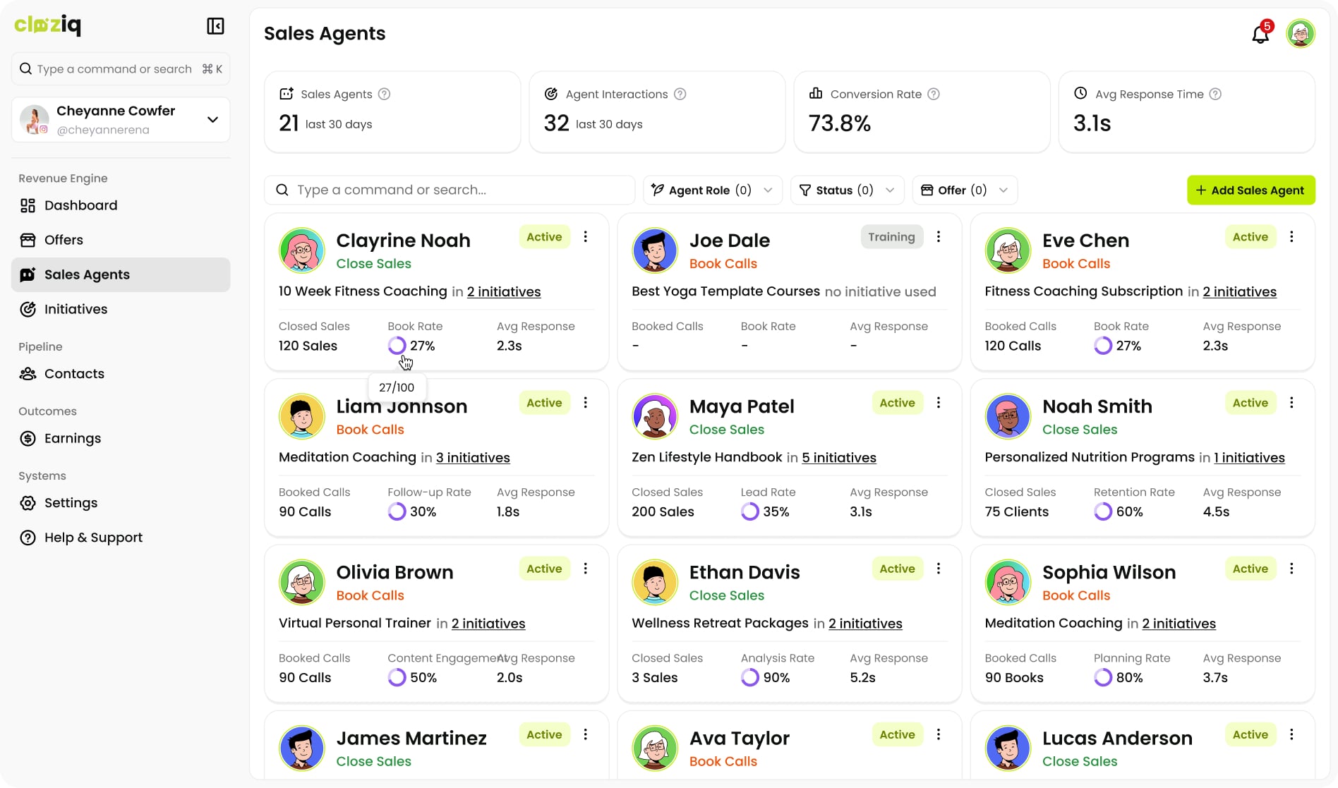 Cloziq sales agent screen